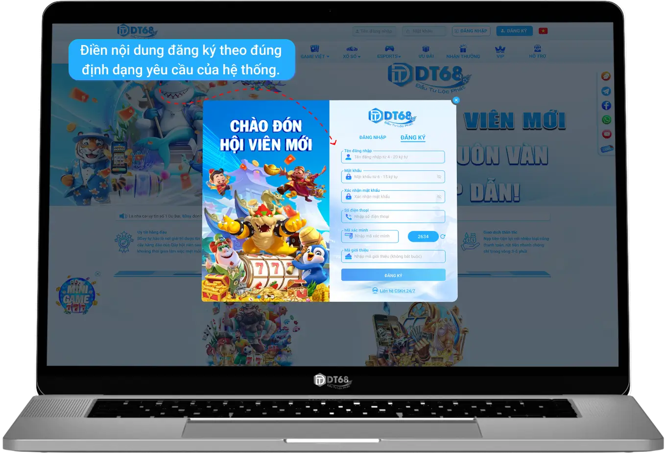 Điền thông tin đăng ký DT68